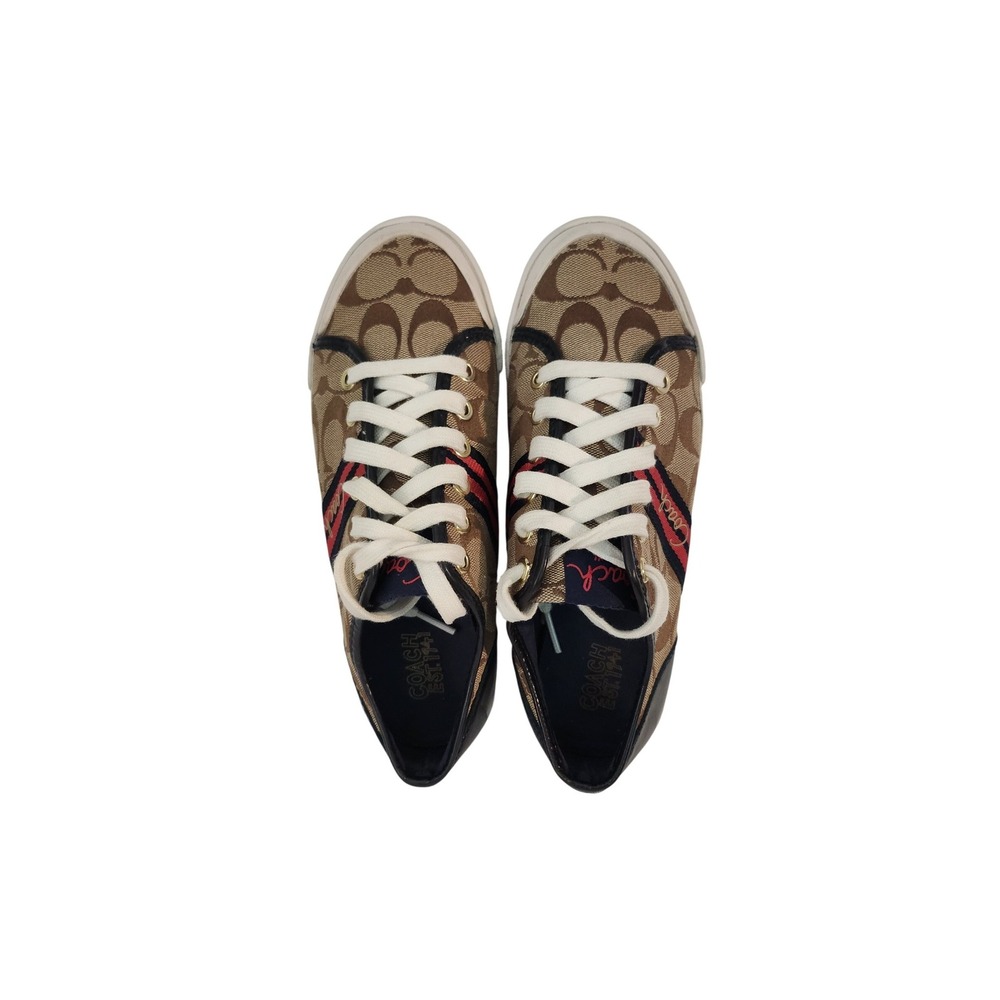 Coach Signature Monogram Canvas Low Top Sneakers Khaki Brown Stripe A00248
